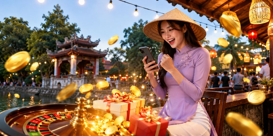 Phụ nữ Hà Nội đội nón lá ngồi chơi roulette trực tuyến trên màn hình máy tính