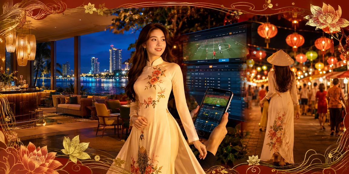 Cảnh chợ đêm Nha Trang với người dùng truy cập sòng bạc trực tuyến và kiểm tra voucher trên điện thoại