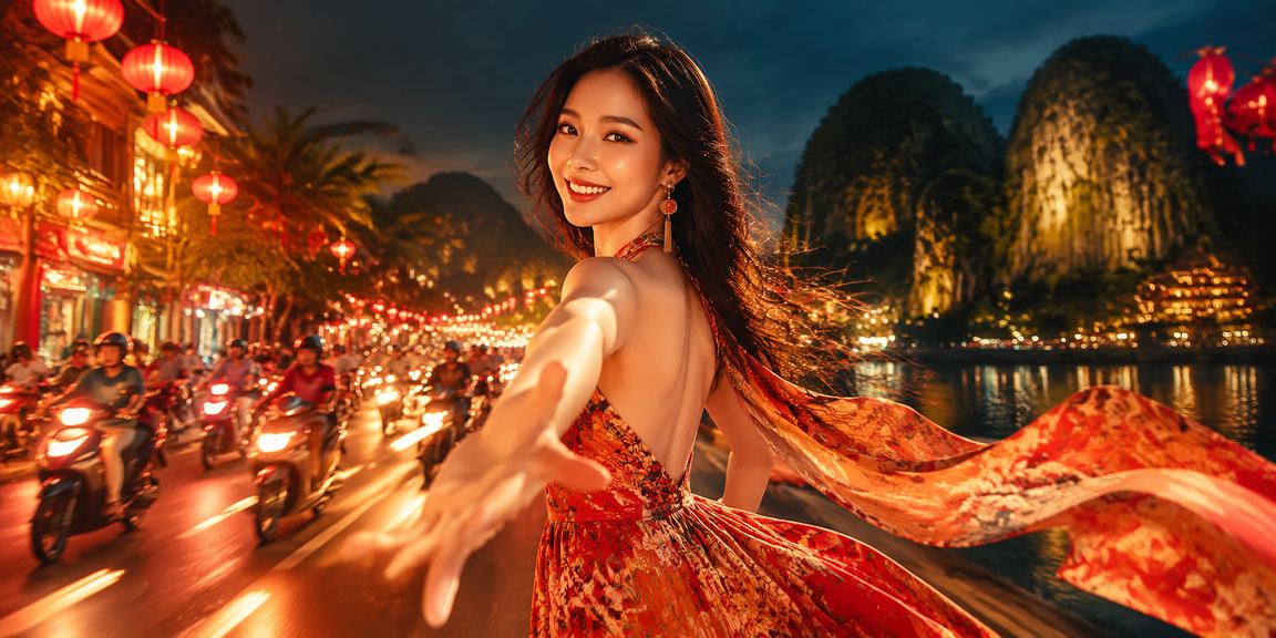 Không gian giải trí casino về đêm tại Ninh Bình với ánh đèn neon sống động và người dùng thao tác trên điện thoại